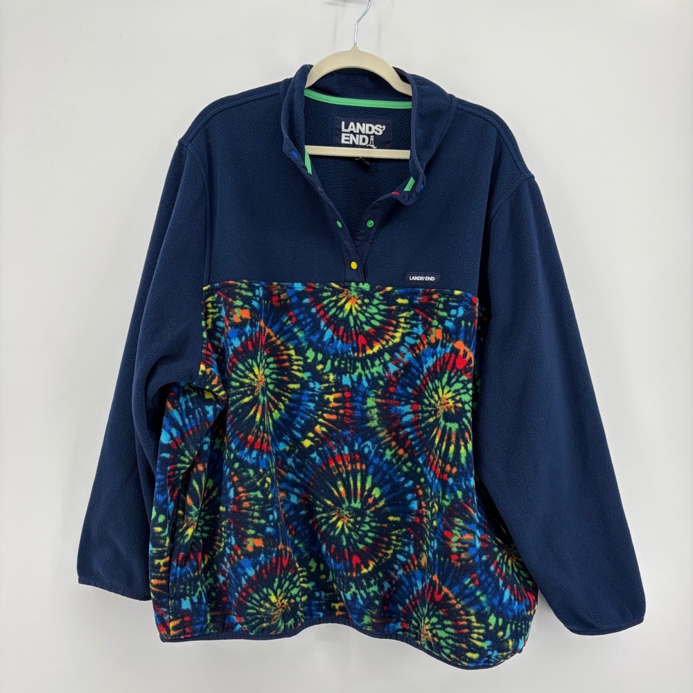 Lands End Womens 3X Navy Blue Fleece Tie Dye Sunburst Snap Pullover Jacket